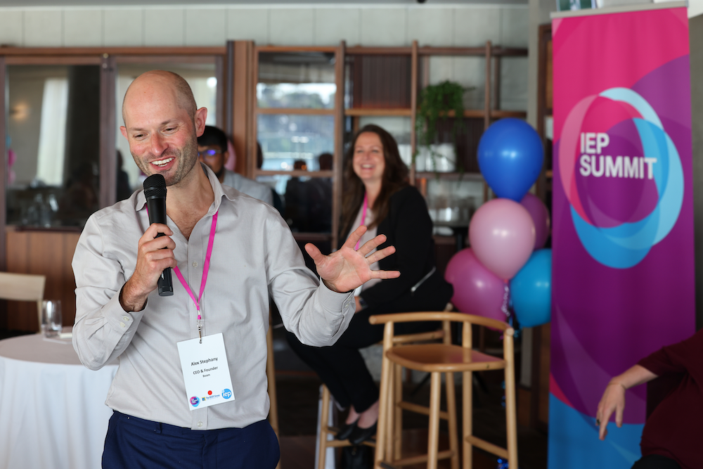 man speaking into microphone